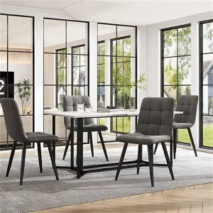 Unique Metal Frame Rectangular Dining Table in Modern Marble Pattern Kitchen Table with Adjustable Feet, White/Black