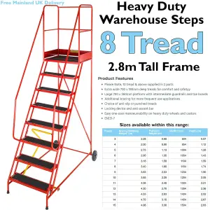 8 Tread HEAVY DUTY Mobile Warehouse Stairs Anti Slip Steps 2.8m Safety Ladder