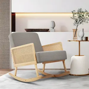 Linen Wooden Rattan Rocking Chair with Wood Frame Upholstered Recliner Armchair Rocker Lounge Chair Grey