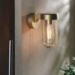 Brushed Gold Outdoor Wall Light with Clear Glass Shade - IP44 Rated - LED Bulb