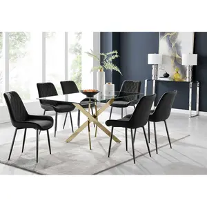 Lenworth Glass Rectangular Dining Table Set with 6 Luxury Velvet Chairs Gold / Black