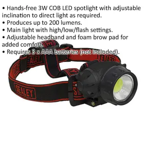 Hands-Free Head Torch Spotlight - 3W COB LED - 200 Lumens - Battery Powered