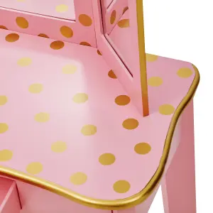 Teamson Kids Dressing Table, Play Vanity Set with Mirror & Stool - Pink/Gold/Polka Dots