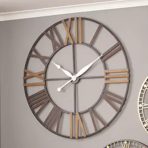 Natural Wood and Antique Grey Metal Round Wall Clock Large