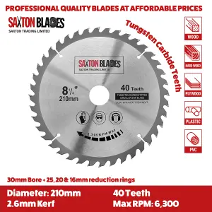 Saxton TCT210MXA TCT Circular Saw Blade 210mm x 40 & 60 Teeth x 30mm Bore + 16, 20 and 25mm Rings Pack of 2