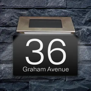 Personalised Aluminium House Plaque with Solar Light Customised with Your House Number and Street Name 160 x 280mm Black