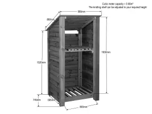 Wooden log store (roof sloping back) with kindling shelf W-99cm, H-180cm, D-88cm - brown finish