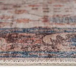 Blue Beige Traditional Bordered Anti Slip Washable Runner Rug 60x240cm