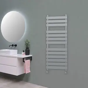 Designer Marvella Chrome Flat Panel Towel Radiator Heated Ladder Rail - 1300 x 500mm - Angled Manual Square Valve Pair