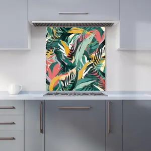 Coloured Tropical Leaves Premium Glass Kitchen Splashback W600mm x H750mm