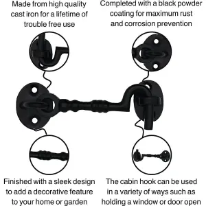 EAI Cabin Hook Iron Strong Hold Back Gate or Door Hook Barrel Style Cast Iron - 200mm - Black