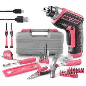 Hi-Spec 35pc Pink 3.6V USB Power Cordless Screwdriver & Home Repair Hand Tool Kit Set in a Tool Box