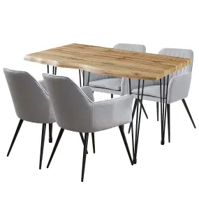 Hallowood Furniture Cullompton Large Dining Table 120cm, Live Edge Effect Top,  with 4 Steel Grey Fabric Arm Chairs