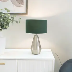 ValueLights Jax Silver Metal Touch Dimmer Table Lamp with Forest Green Drum Shade