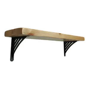 Solid Wood Handmade Rustical Shelf Primed 225mm 9 inch with Black Metal Bracket WAT Length of 240cm