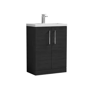 Compact Floor Standing 2 Door Vanity Basin Unit with Polymarble Basin - 600mm - Woodgrain Charcoal Black