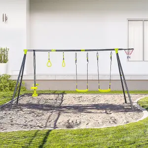 Outsunny Kids Metal Swing Set for Backyard W/Adjustable Seats, Gym Rings, Seesaw