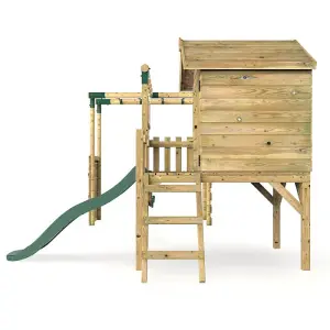 Rebo Orchard 4ft Wooden Children's Playhouse, Swings, Monkey Bars, Deck & 6ft Slide - Double Swing - Venus Green