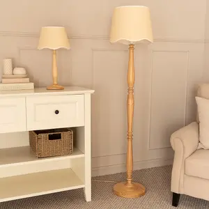 ValueLights Victoria Light Wood Table Lamp with Linen Scallop White Trim Tapered Shade & Bulb