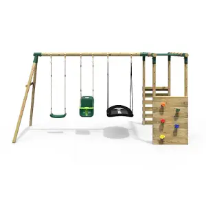 Rebo Wooden Children's Garden Swing Set with Monkey Bars - Triple Swing - Halley Green