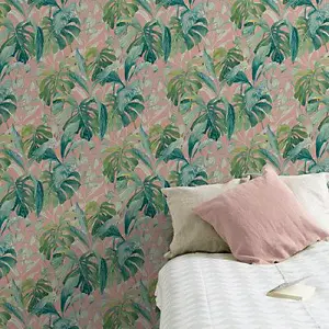 Grandeco Pink Palm Leaves Embossed Wallpaper