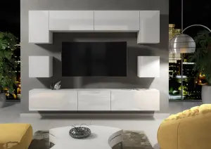 Modern Wall Unit TV Stand Living Room Cupboard - White  Gloss Doors