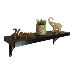 Solid Wood Handmade Rustical Shelf Black Ash 225mm 9 inch with Black Metal Bracket WAT Length of 220cm