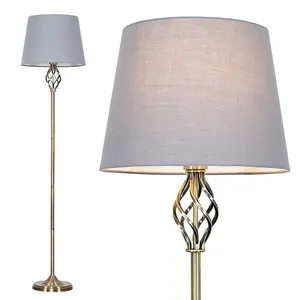 ValueLights Memphis Traditional Style Antique Brass Barley Twist Floor Lamp with Grey Light Shade