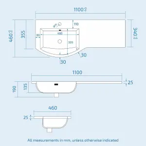 Nes Home Debra White 1100 mm P-Shaped Vanity Unit Right Hand Sink and Toilet Bathroom Furniture