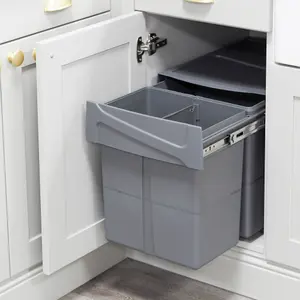 Dark Grey Integrated Under Counter Kitchen Pull Out Bin for 400mm Wide Cabinet 2 x 20L Compartments Base Mounted