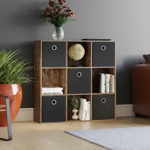 Vida Designs Durham Dark Wood 3x3 Cube Storage Unit & Set of 5 Black Foldable Cube Storage Baskets