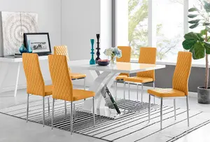 Atlanta White High Gloss and Chrome 6 Seater Dining Table with Statement X Shaped Legs and 6 Mustard Faux Leather Milan Chairs