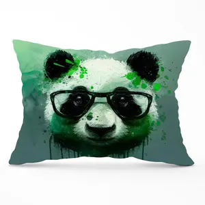 Panda With Glasses, Green Splashart Cushions 33cm x 48cm