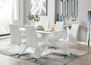 Imperia White High Gloss 6 Seater Dining Table with Structural 2 Plinth Column Legs And 6 White Faux Leather Willow Chairs