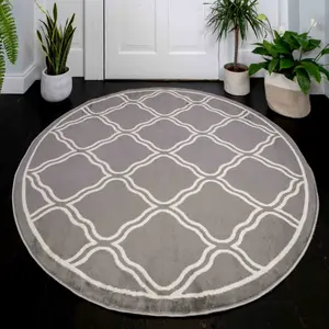 Grey Bordered Geometric Trellis Round Rug 160x160cm