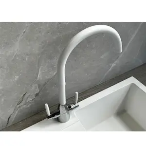 Liquida LC02WH Swan Neck Twin Lever Chrome and White Kitchen Mixer Tap