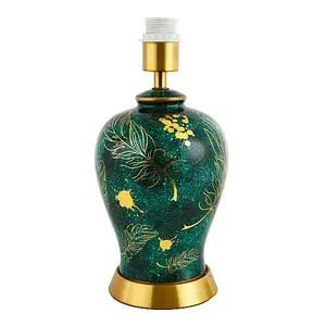 Vivid Emerald Green Ceramic Table Lamp Base with Gold Foil Flowers and Splashes