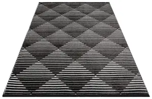 Black Outdoor Rug, Geometric Striped Stain-Resistant Rug For Patio Decks, 3mm Modern Outdoor Area Rug- 160cm X 220cm