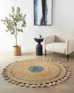 Round Jute Area Rug 140 cm Beige and Blue OBAKOY