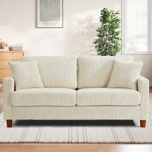 178cm Beige White Corduroy Couch, 3 Seater Sofa with Wood Legs, Deep Seat Sofa