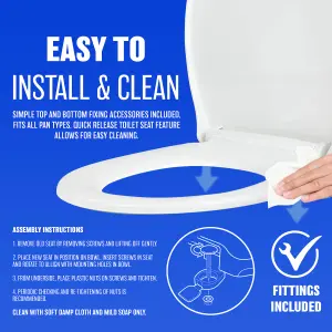 Soft Close White Toilet Seat - Luxury Bathroom Slow Seats Wc Heavy Duty D Shaped Easy to Install Fittings Included Home