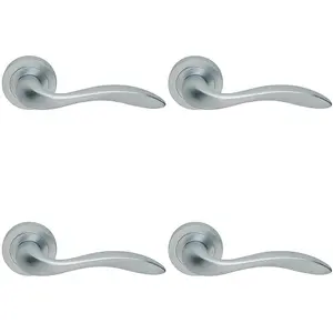 4 PACK - Premium Scroll Door Handle Set - Satin Chrome Elegant Lever on Round Rose