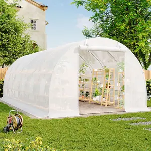 White Walk In Steel Frame Garden Tunnel Greenhouse Grow House with Roll Up Door Windows, 6x3x2M