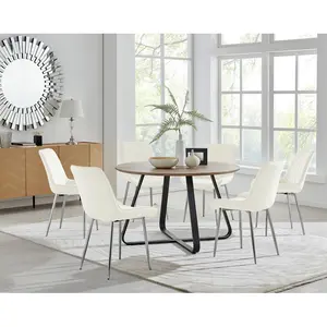 Sandy Classic Wood Effect & Metal Dining Table Set with 6 Luxury Velvet Dining Chairs Cream/Silver