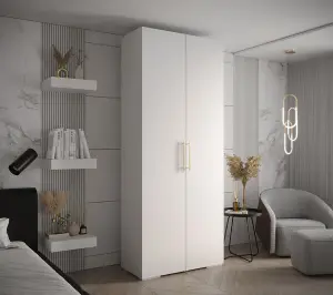 Elegant White Inova 3 Hinged Door Wardrobe W1000mm H2370mm D470mm - Versatile Storage with Vertical Gold Handles