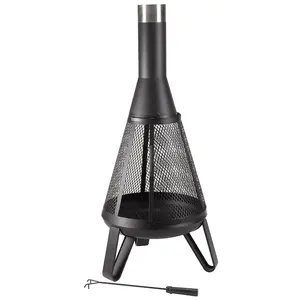 Black Miami Chimenea - Metal Outdoor Garden Patio Log Wood Burner Fire Pit Bowl with Stainless-Steel Flue Cap - Large, H150 x 58cm