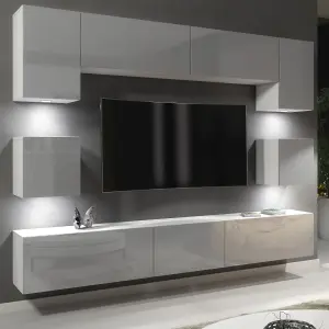 Panorama Wall TV Unit White & Grey with High Gloss Doors and LED Lighting - Creative Furniture