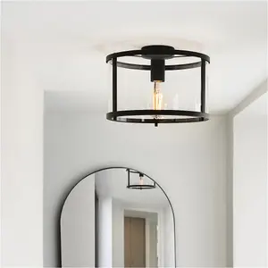 Flush Ceiling Light & 2x Matching Wall Lights - Matt Black Clear Glass Shade