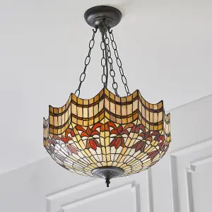 Traditional Tiffany Glass 3 Light Ceiling Pendant - Dark Bronze Effect Fitting