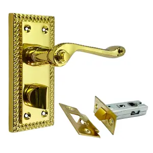 Door Handles Polished Brass Georgian Suite Privacy WC Bathroom Pack with Latch